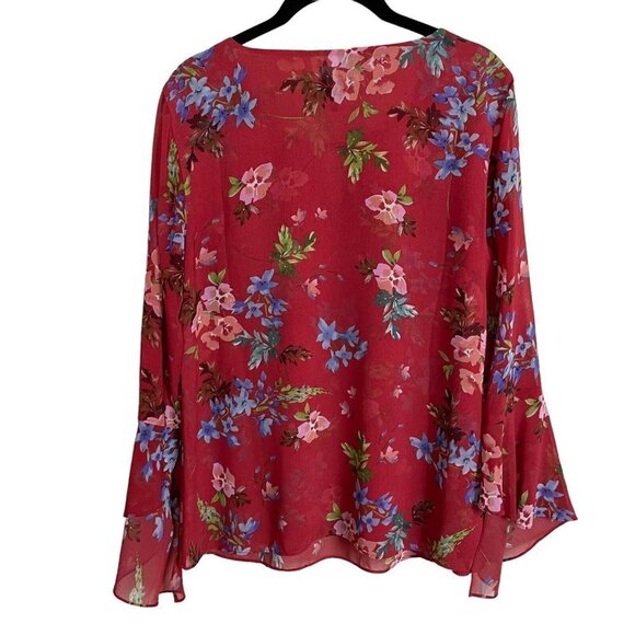 Cabi Devoted Sz S Blouse Red Floral Bell Sleeves Medium 3590 Multi Color Layered - Picture 3 of 8